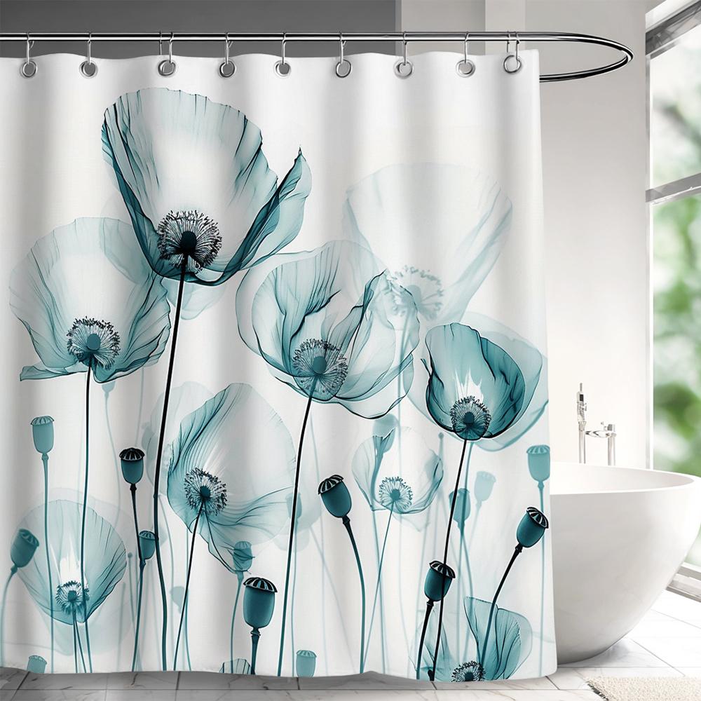 1 Piece Floral Printed Polyester Shower Curtain - No Drilling Required, Machine Washable Bathroom Decor, Machine Washable Fabric