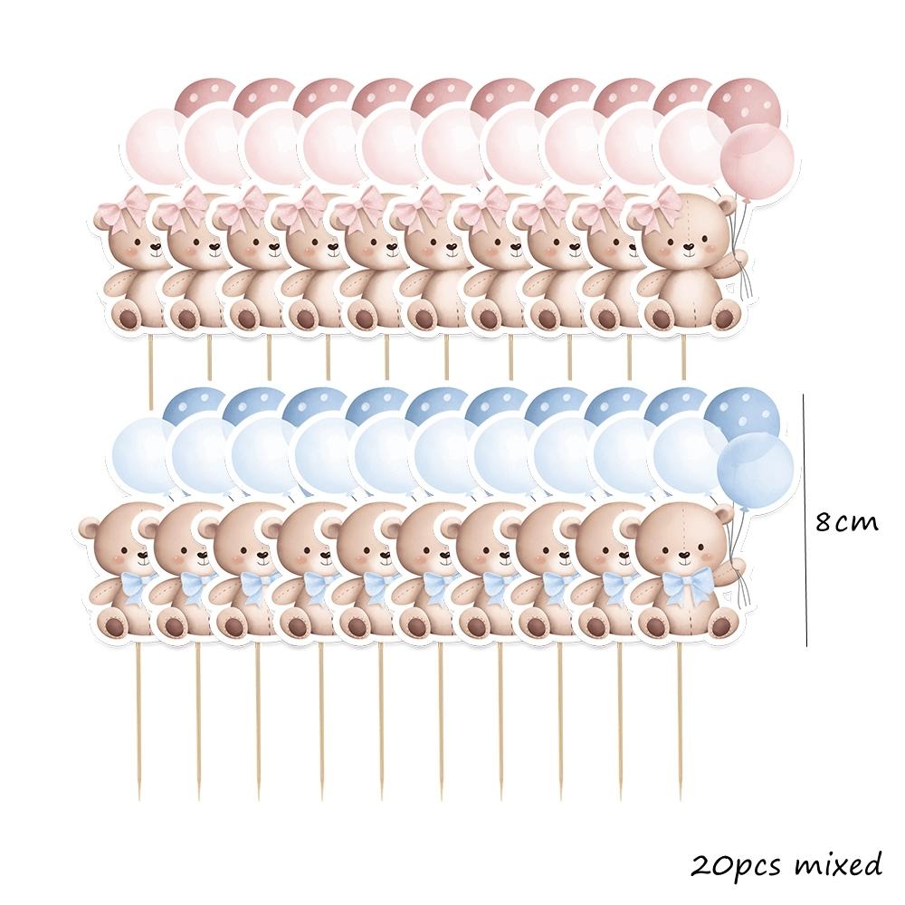 20pcs Balloon Bear Toppers Carton Cupcake Topper for Kids Baby Shower Bear Happy Birthday Party Decorations DIY Cake Supplies