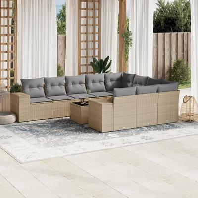 Vidaxl 11-Cz. Garden Furniture Set With Cushions, Beige, Poly Rattan