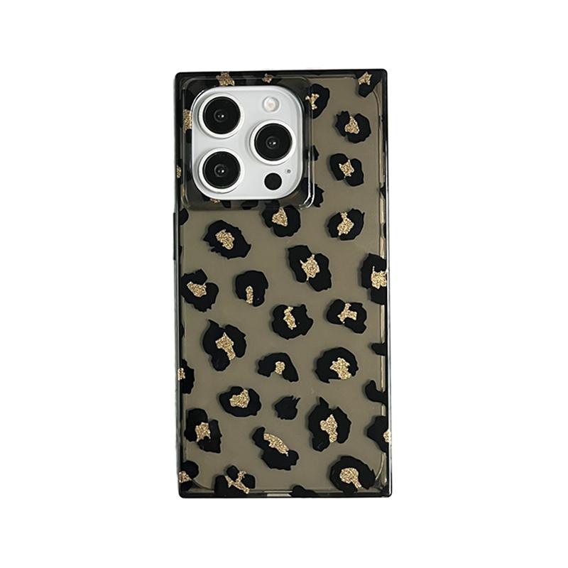 

Fashion Black Glitter Leopard Pattern Phone Case For iPhone 17 16 Pro Max 15 13 14 Rectangle Hard TPU Transparent Back Cover iPhone17 Pro