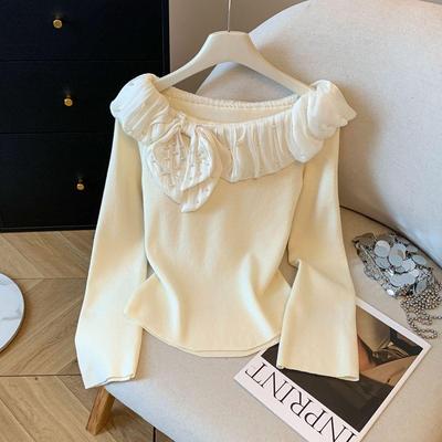 2025 Sommer Perlen-Schleife Off-Shoulder Stricktop - Damen Elegant Schlankmachend Langarm