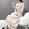 Women's Plus Velvet Thick Mid-Length Knit Sweater Dress - Loose Fit with Lace and Half-High Collar for Autumn and Winter