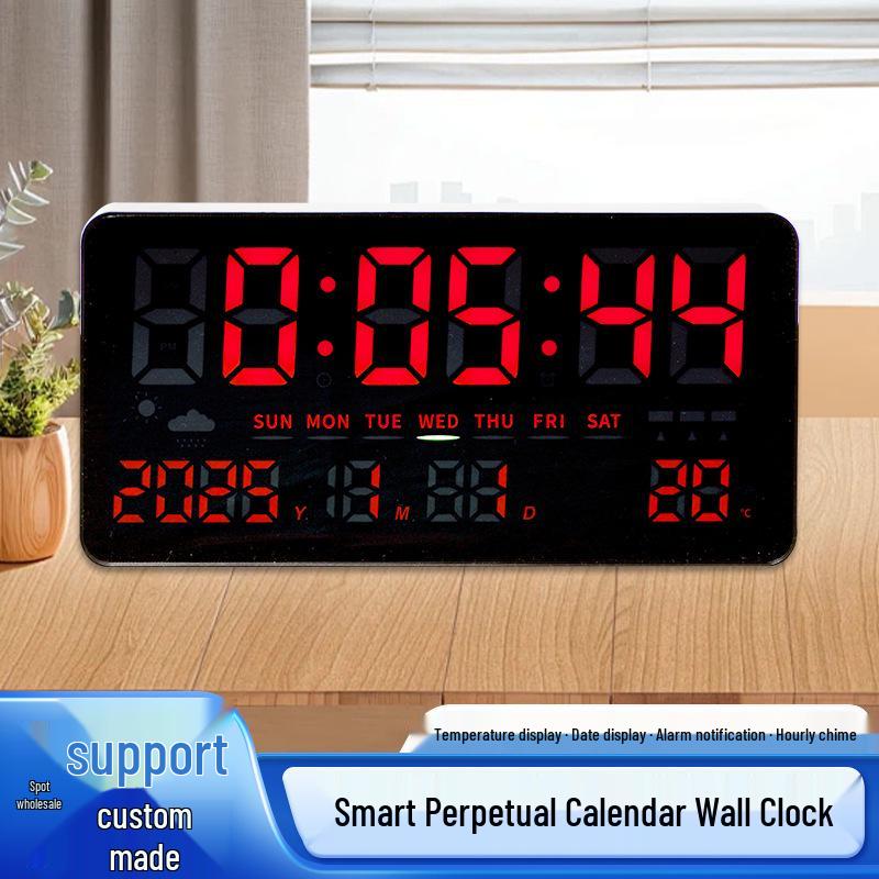 Wall-Mounted Electronic Clock with Large Numbers, Perpetual Calendar, Temperature Display, and Alarm for Bedroom or Dormitory.