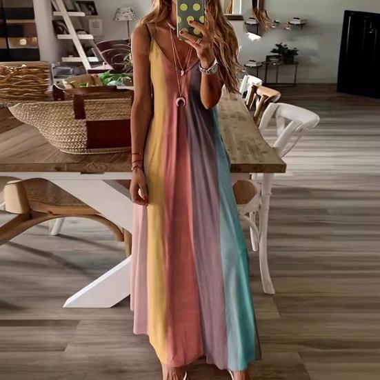 Women's Spaghetti Strap Gradient Long Dresses Summer Casual V Neck Flowy Maxi Dress Loose Beach Sundress