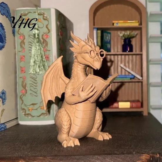 Dragon Bookend Decor Reading Figurine with Glasses, Statue, 3D Printed Statue Bookshelf Decor, Whimsical Desktop Ornament, Gift for Book Lovers