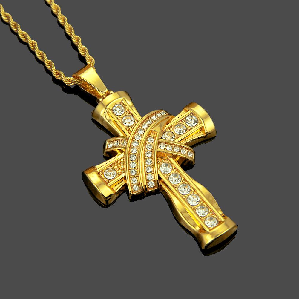 Men's Diamond-Studded 3D Cross Pendant Necklace - European & American Hip-Hop Style