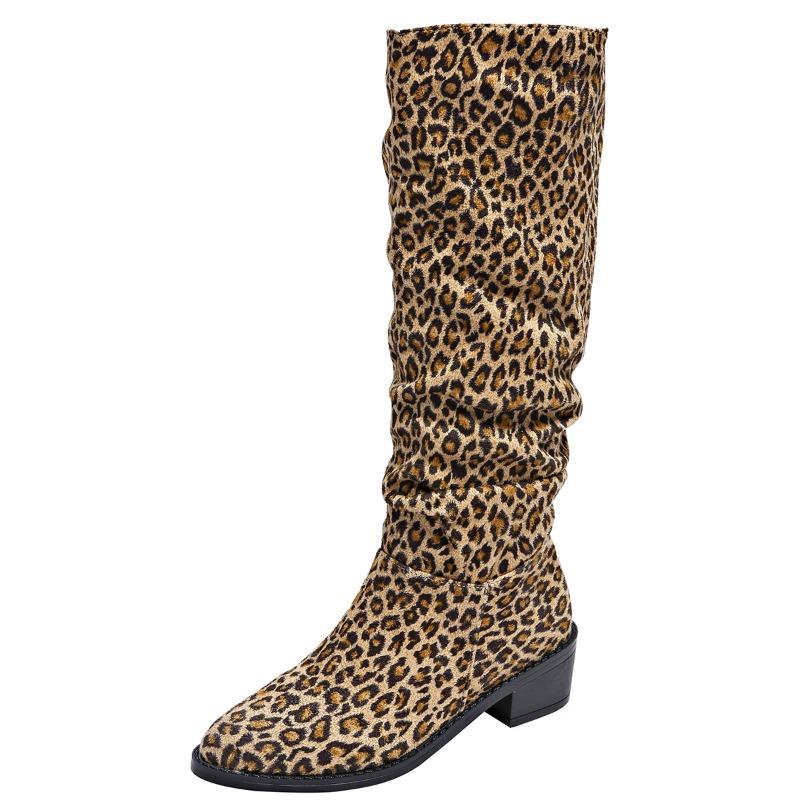 Leopard High Heels Women High Boots Pointed Toe Chunky Shoes Winter 2025 Trend Goth Knee High Casual Shoes Chelsea Botas Mujer