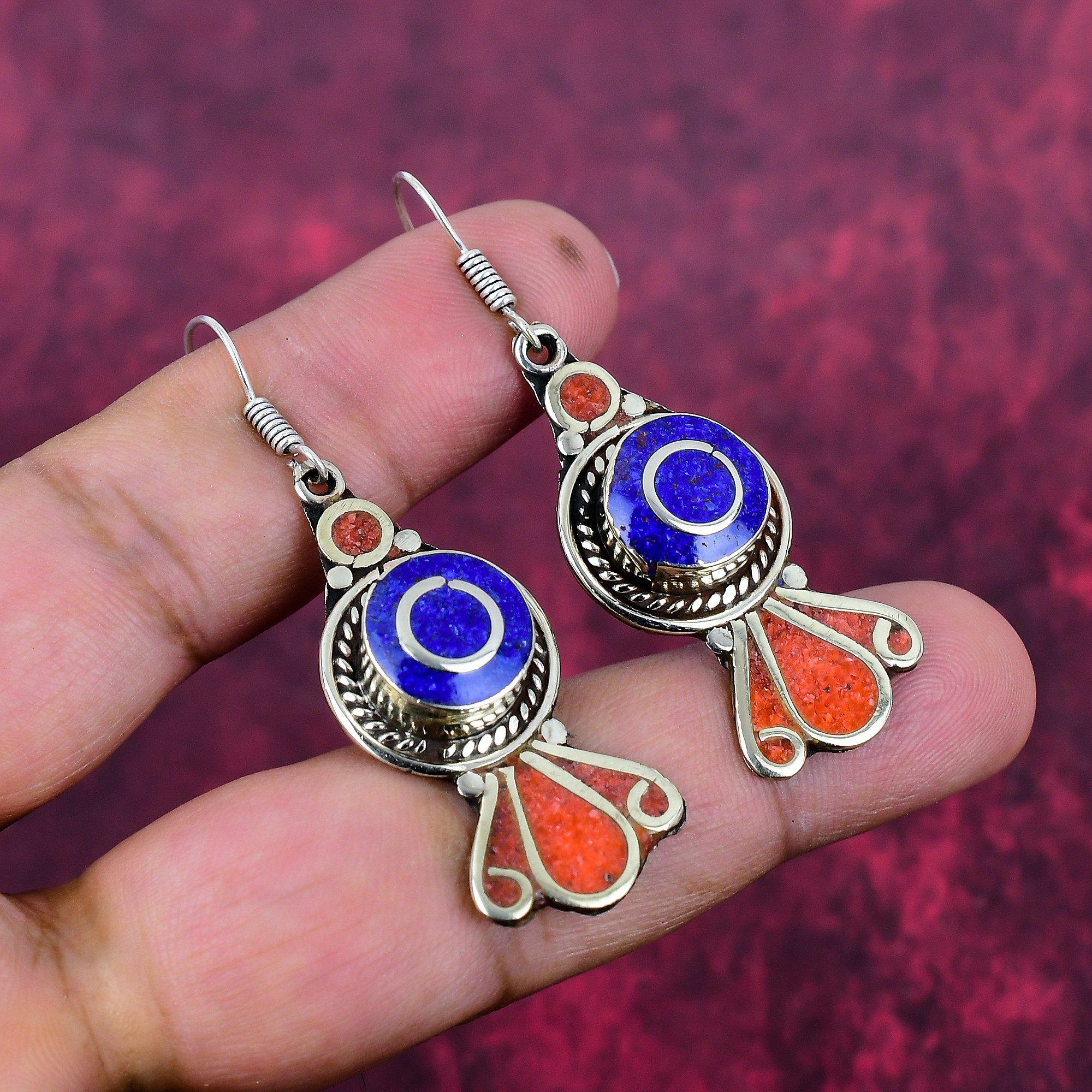 

Серьги из лазурита и коралла, 925 проба, стерлинговое серебро, непальские серьги, украшения из драгоценных камней ручной работы, подарки для жены, совершенно новые серьги 2.08 Inches