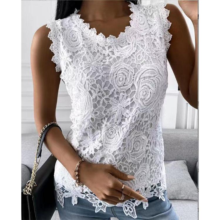 Plus Size Floral Vest Camisole Summer Tops Fashion Lace Blouse Women Jacquard Sleeveless Shirts Casual Women Vintage T-Shirt