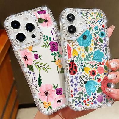 Floral Pattern Clear Shockproof Phone Case For iPhone 16E 16 Pro Max 15 Pro 14 13 12 11 Diamond Frame Anti-Fall Soft Silicone Bumper Cover