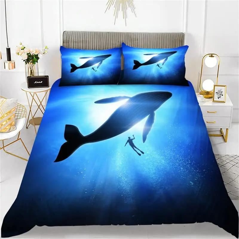 Wale Königin Bettbezug Ozean Tier Bettwäsche Set Seetang Seestern Meeresleben Steppdeckenbezug Blau Polyester Bettbezug