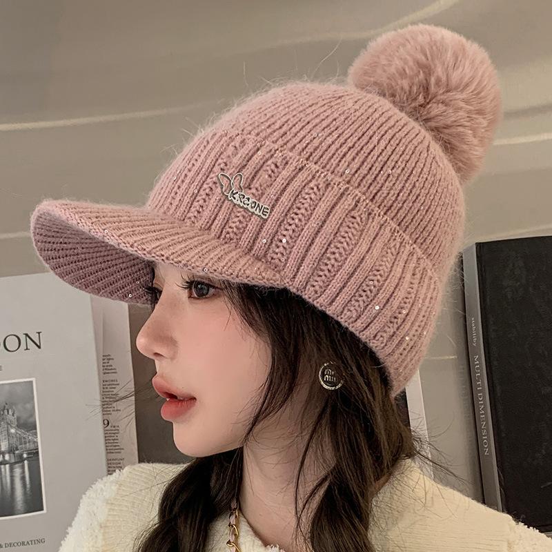 Rabbit Fur Hat Women's Winter Warm Knitted Baseball Cap with Fleece Anti Cold Yarn Hat Versatile Showing Off Small Face