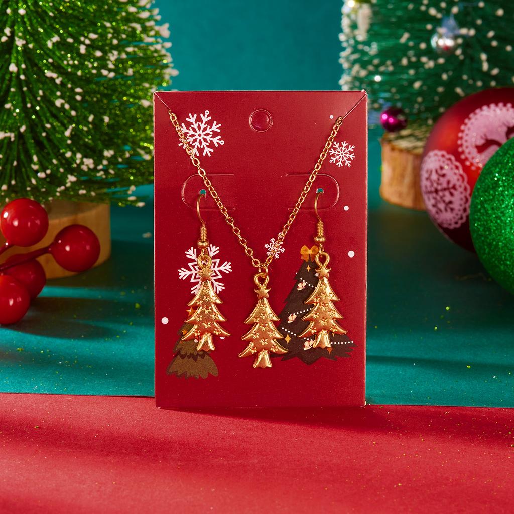 Gold Plated Christmas Necklace Cute Cartoon Tree Snowman Pendant Necklace Earring Set For Women Xmas Party Jewelry Gift
