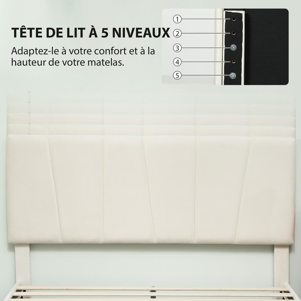 Double Bed Frame 140 X 190 Cm 2-Person Bed Adjustable Headboard Bed Base 150 X 198 X 101/106/111/116/121 Cm Cream