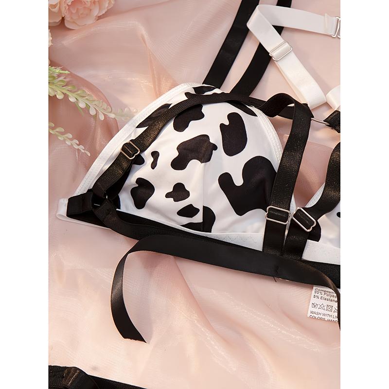 Krowa Print Hollow Out Chain Detail Seksowny komplet bielizny Choker Biustonosz Majtki Gorset Combo Strój Seksowna bielizna