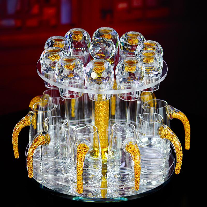 Luxury Double Bottom Crystal Glass Vodka Sake Shochu Liqueur Gold Foil Tea Cup For Bar Hard Liquor Gifts