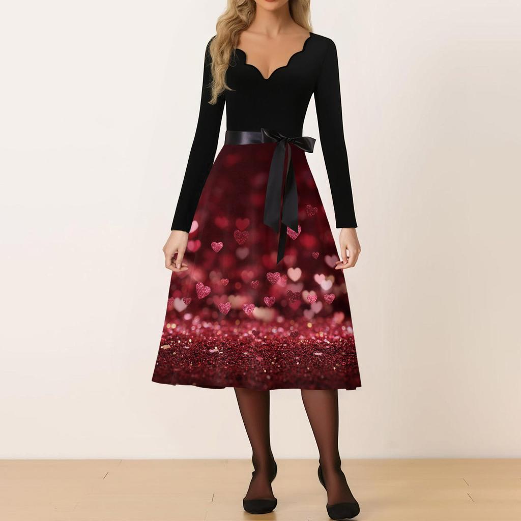 Damen Casual Mode V-Ausschnitt Valentinstag Print Retro Kleid