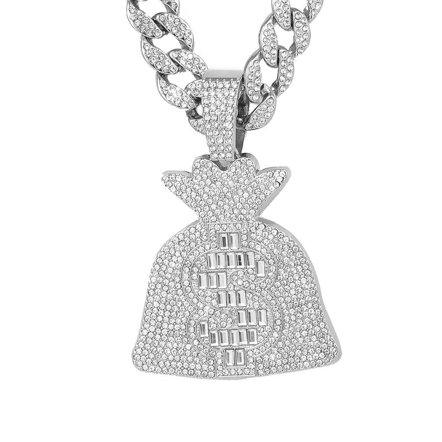 Alloy Personality Rock Sugar Diamond Dollar Coin Bag Pendant Rhombus Cuban Necklace Hip Hop Rap Jewelry