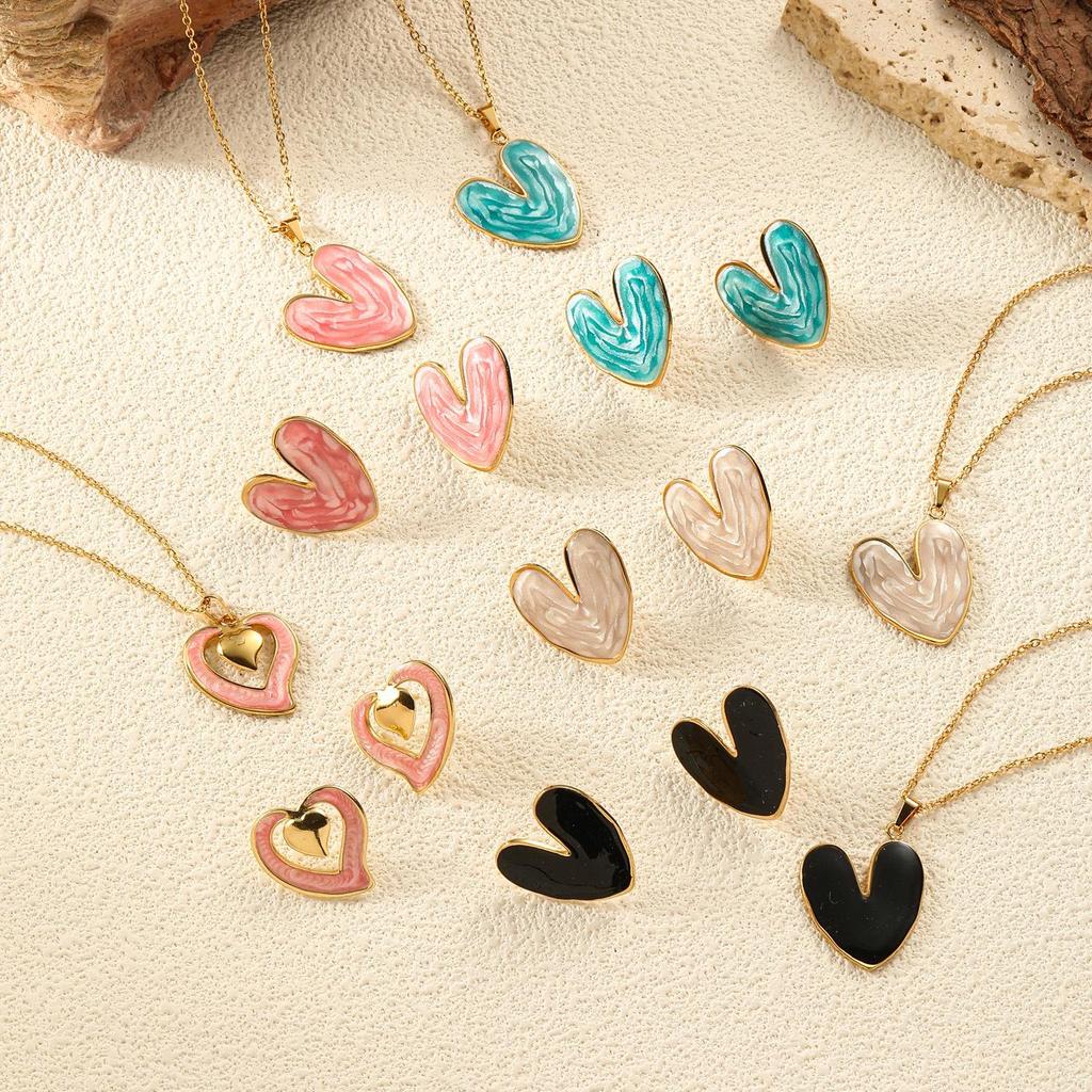 Stainless Steel Heart-Shaped Enamel Pendant Necklace & Earring Set - Non-Fading, High-End Jewelry