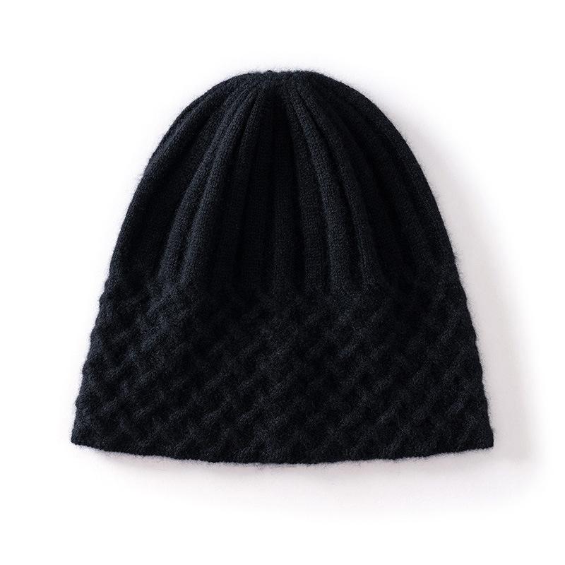 Autumn and Winter New Pure Cashmere Casual Hat Women's Solid Color Simple Semi-twisted Hat Warm Rhombus Bag Head Ear Protection Hat