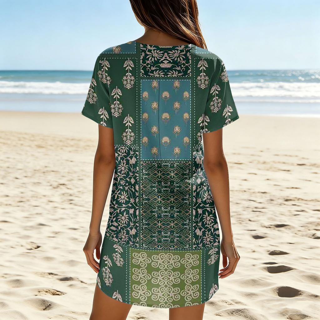 Women's Casual V Neck Short Sleeve Dress Vintage Printed Summer Loose Fit Lightweight Soft Fabric Comfortable Wear
