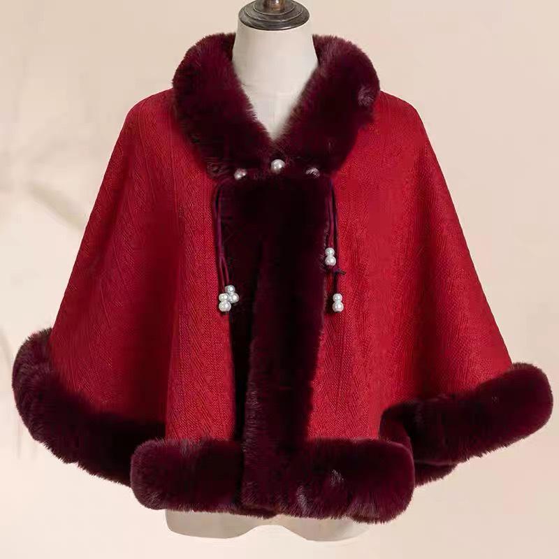 931# Women's Versatile Cheongsam Cloak: Fleece-Lined, Faux Otter Fur Collar Shawl, Thickened for Warmth