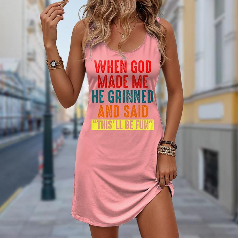 Kadın Gül Çiçeği Sahte İki Parça Monogram Baskılı Kolsuz Yuvarlak Yaka Elbise Bol Yumuşak ve Rahat Büyük Beden Elbise