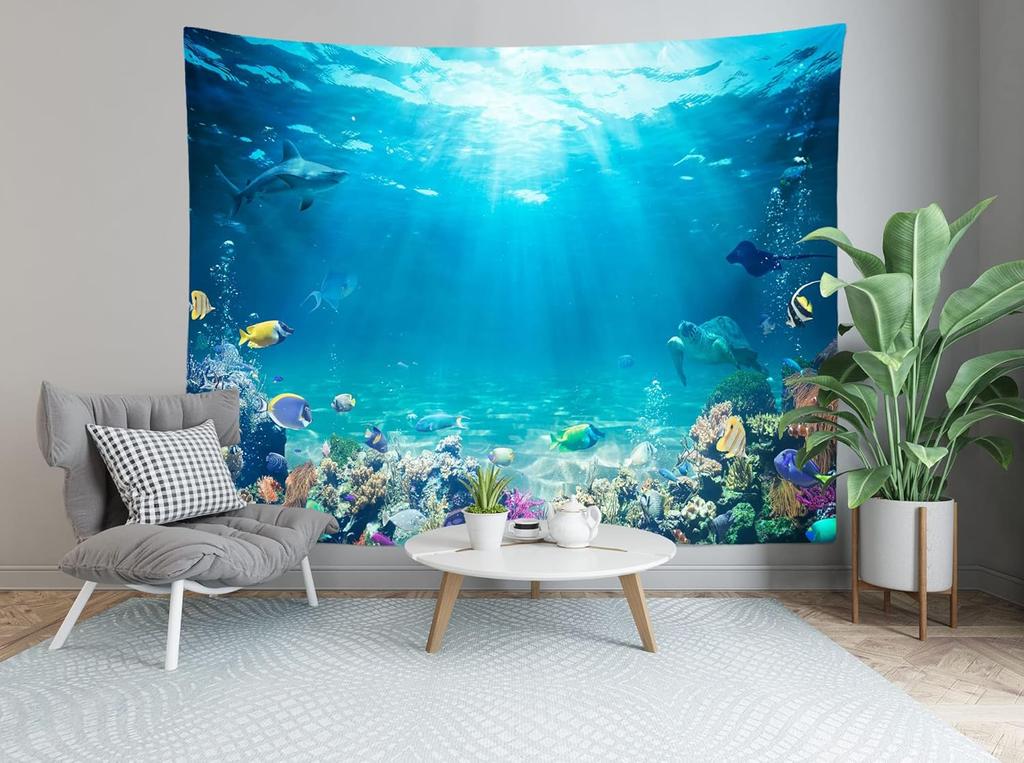 Underwater World Tapestry Blue Ocean Wall Hanging Under The Sea Coral Reef Wall Tapestry Tropical Fish Tank Undersea Tapestries