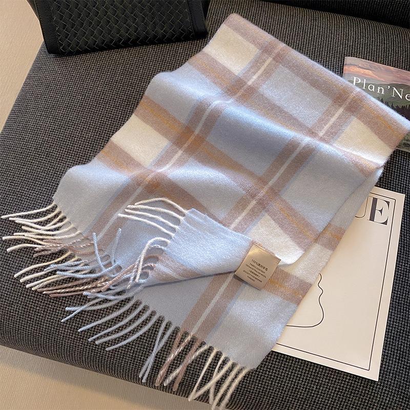 New Wool Warm Scarf for Women in Color Blocked Plaid Scarf Long Tassel Scarf Thickened and Warm