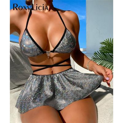Halter Avvolgente Con Gonna Bikini Costumi da Bagno Donna Costume da Bagno Femminile Set Bikini Tre Pezzi Costumino Costume da Bagno Nuoto Signora