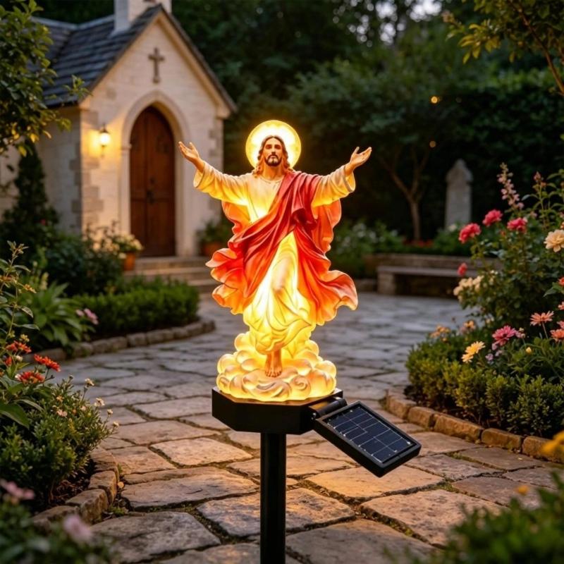 Religious Figurine Solar Lamp Statue for Garden Lawn Border, Resin Yard Stake Sculpture with Warm Light for Flower Bed and Outdoor Entry Use