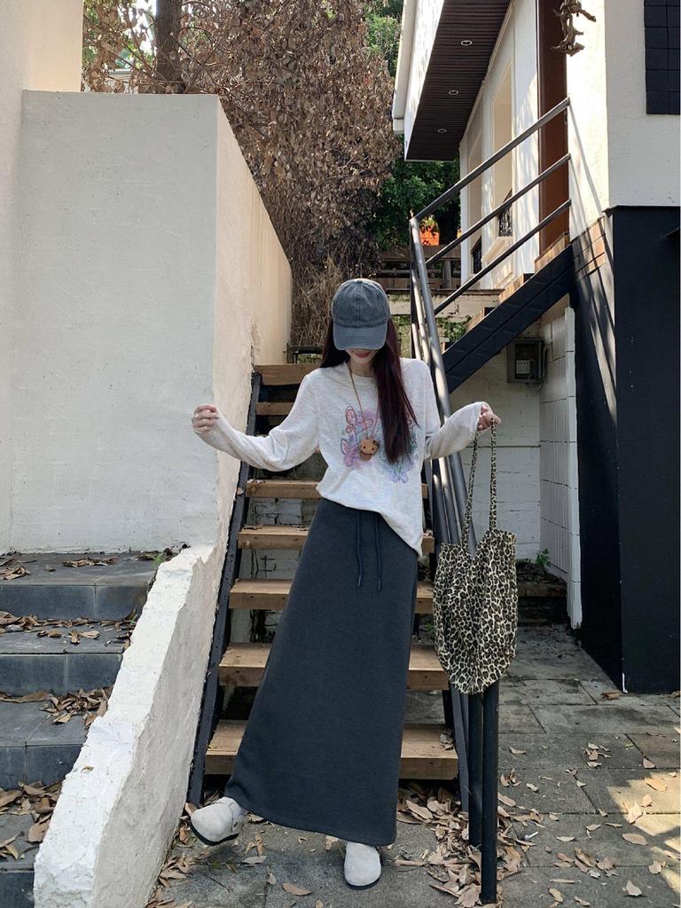 Retro Grauer Schnür-Schlankheits-Halbrock für Damen - Elastischer Bund, Gerader Schnitt, Hüftbetontes Design, Perfekt für den frühen Herbst 2025.