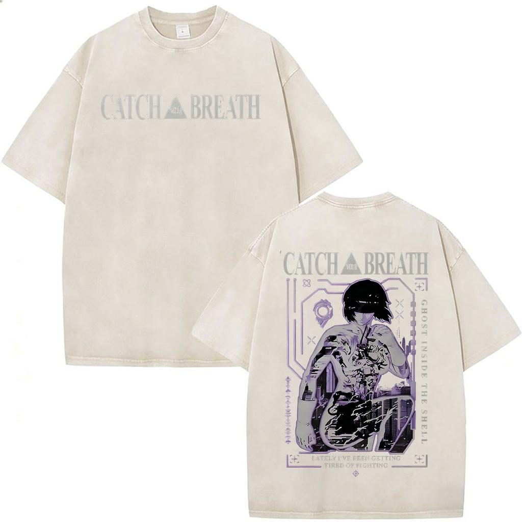 Camisetas Gráficas Vintage Lavadas de Anime Ghost in The Shell Motoko Kusanagi para Hombre y Mujer Moda Camisetas de Manga Corta Oversize