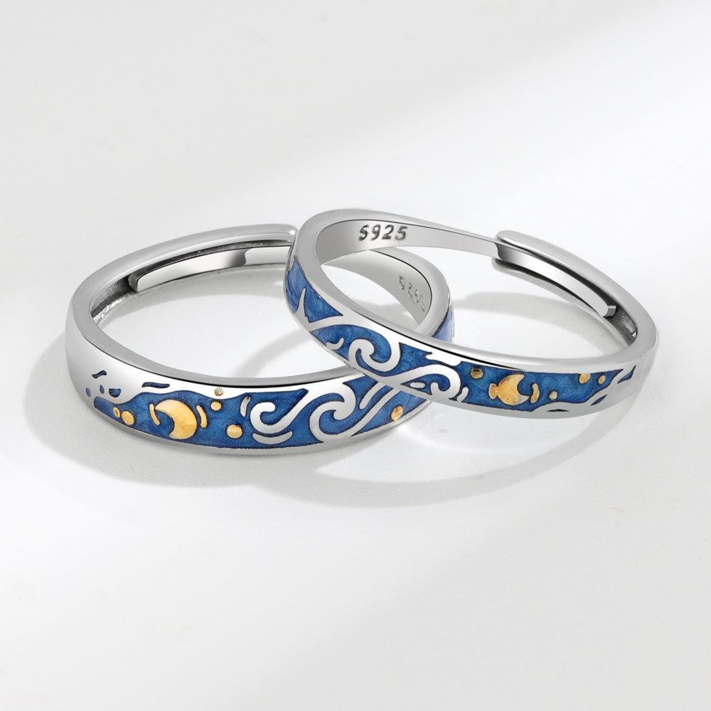 Anelli Aperti Coppia Notte Stellata Van Gogh Minimalisti alla Moda Personalizzati Raffinati alla Moda Fedine Abbinate