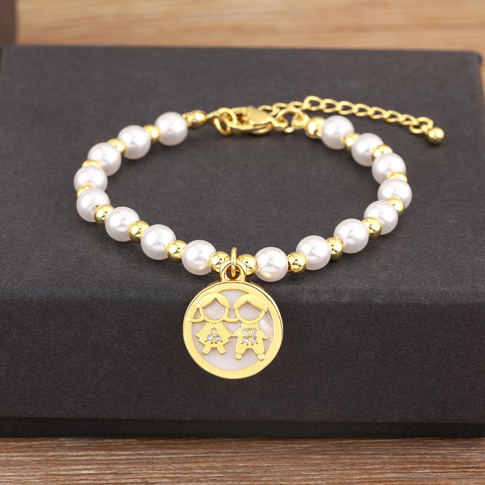 Nidin High Quality Round Shape Girl Boy Pearl Beads Zircon Hand Bracelets For Female Son Daughter Cute Jewelry Mother's Day Gift