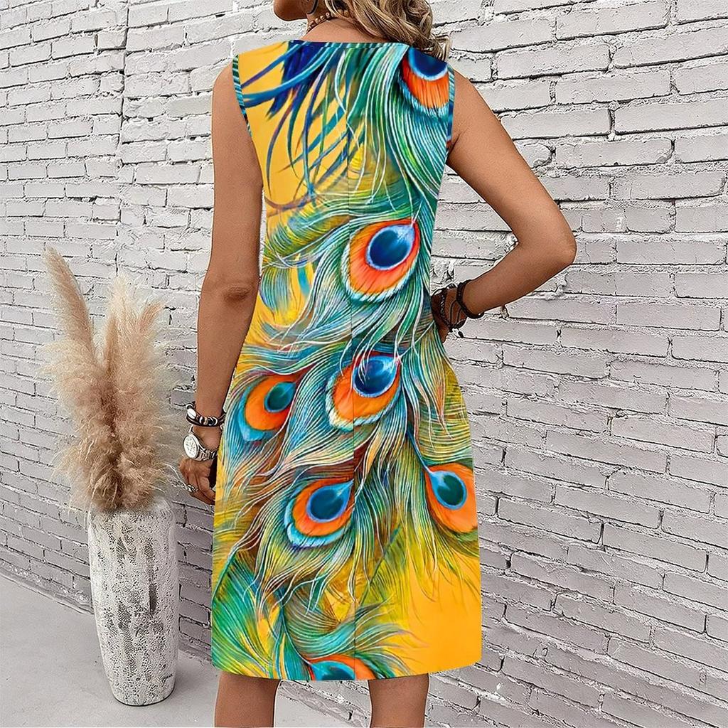Plus Size V Neck Sleeveless Dress Cloud Wrapped Mountain Waterfall Print For Remote Scenic Travel