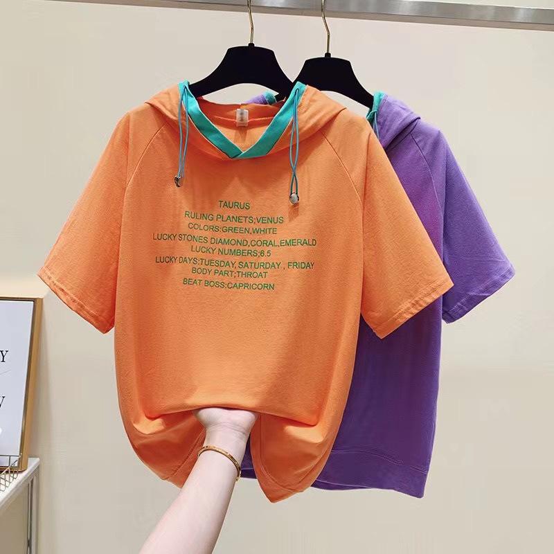 Plus Size Women's T-shirt Sweater Summer New Loose Slimming Age-reducing Tops Contrast Letter Printing Casual Hooded Short Sleeves