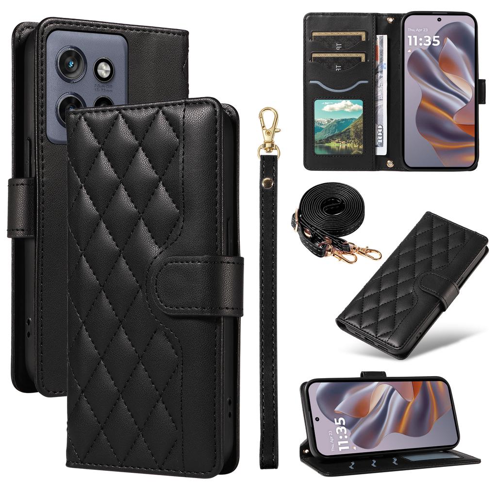 For Motorola Edge 50 Neo 5G/Moto S50 5G/Thinkphone 25 5G Case Wallet Rhombus Leather Phone Cover with Shoulder Strap,Wrist Strap