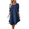 Women Retro Cotton Hemp Loose Swing Dress Spring Summer Solid Color Round Neck Mid Sleeve Large Size