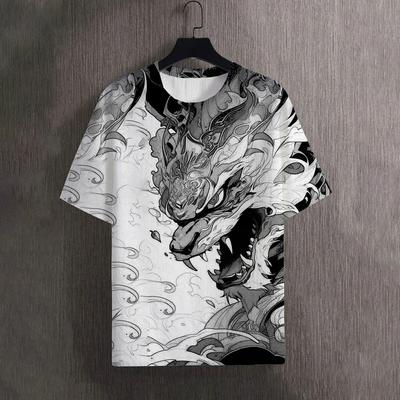 Męska koszulka z nadrukiem w czarno-biały wzór smoka Topy Casual Unisex Oddychająca Wygodna Lato Nowa Odzież oversize