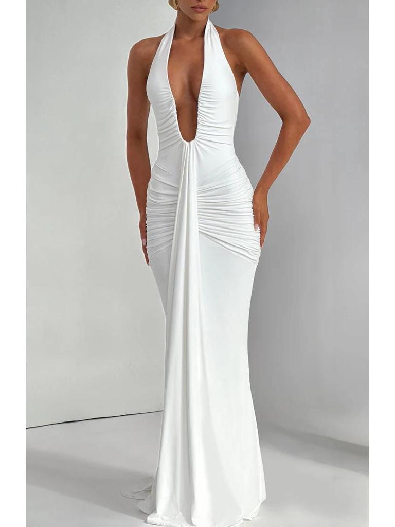 2026 Deep V-Neck Evening Gown Dress - Women's Sexy Solid Color Fashion