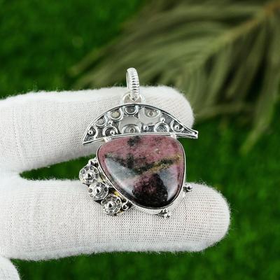 Natural Rhodonite Gemstone Pendant 925 Sterling Silver Indian Jewelry For Girls