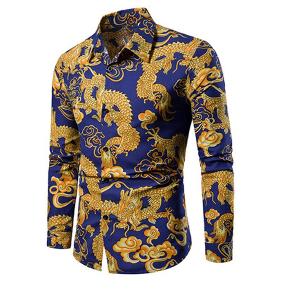 Golden Dragon Print Long Sleeve Shirt  Single Breasted Slim Fit Button Retro Social Dress Shirt
