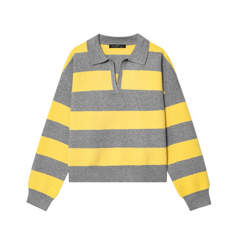 European & American Fashion Striped Long Sleeve Polo-Collar Knitwear M