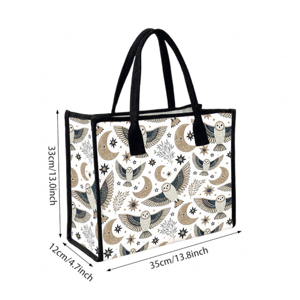 Boho Owl Moon Printed Canvas Tote Bag Casual Large Capacity Daily Shopping Handbag