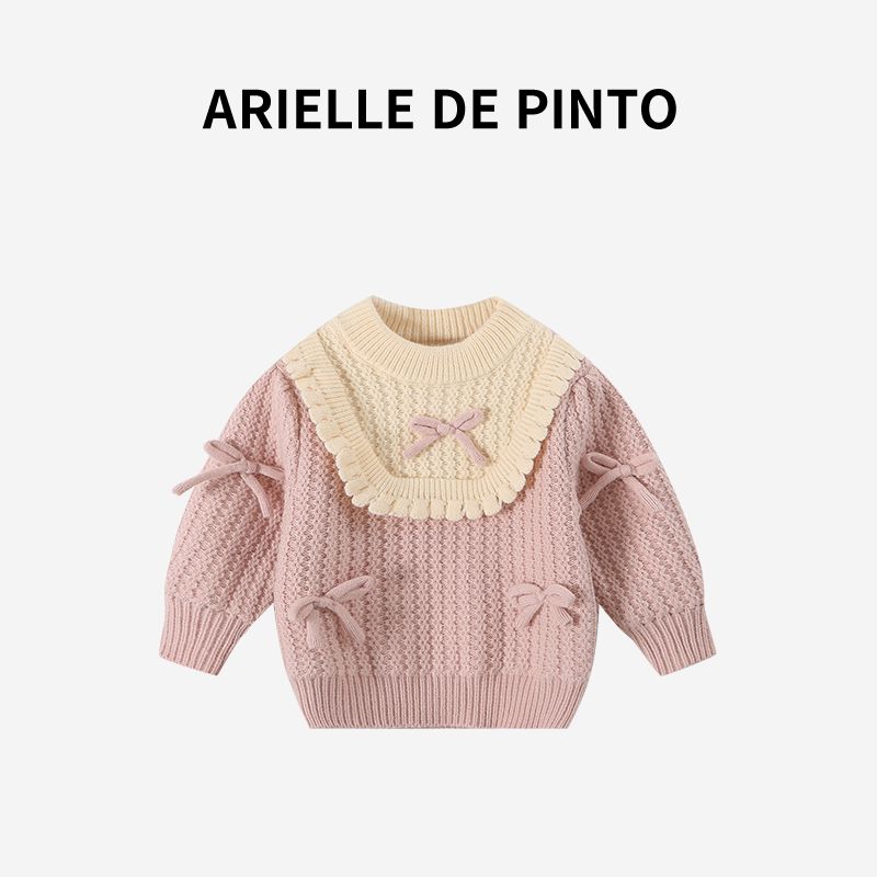 French Arielle De Pinto Girls  Sweater Winter Sweet Girl Bowknot Color-Blocking Thickened Top Pink 140