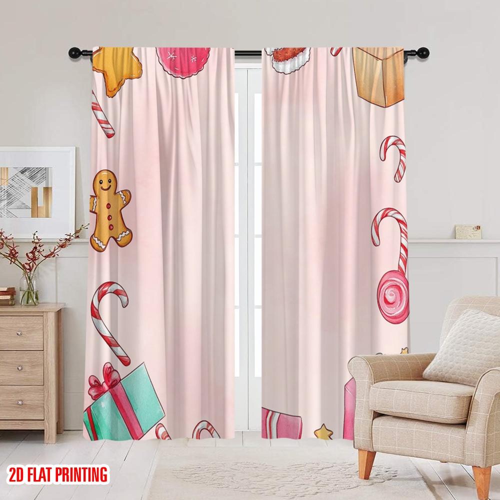 2pcs,2D Plane Printing Window Curtain Christmas Bell Presents Stocking (3) Durable 100% Polyester Fabric (without Rod)