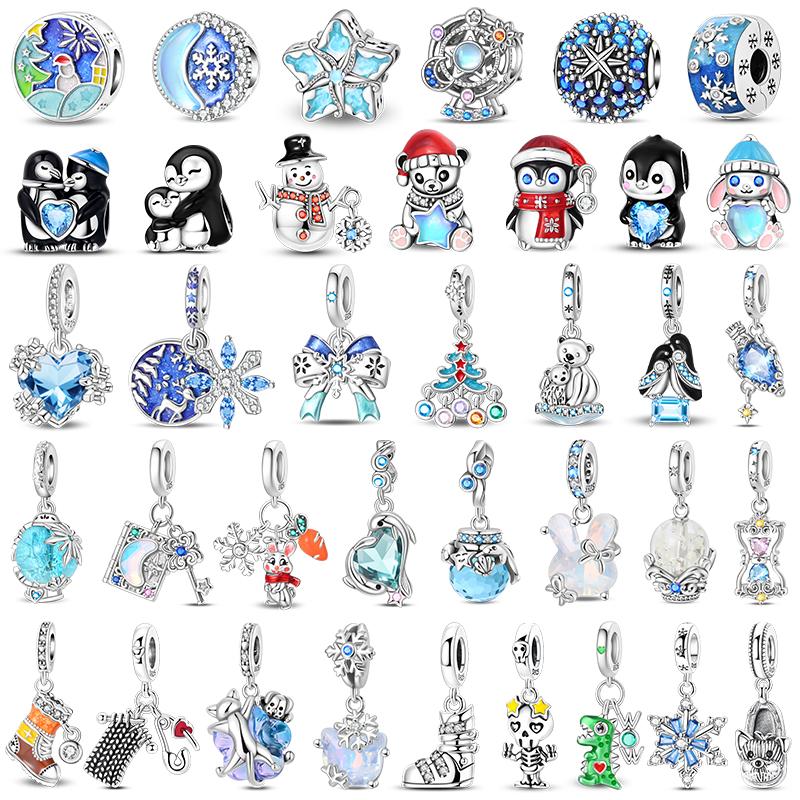 Original 925 Silver Charms Beads Winter Snowflake Snowman Igloo Penguin Pendants Fit Bracelet Charms Women Jewelry Gift