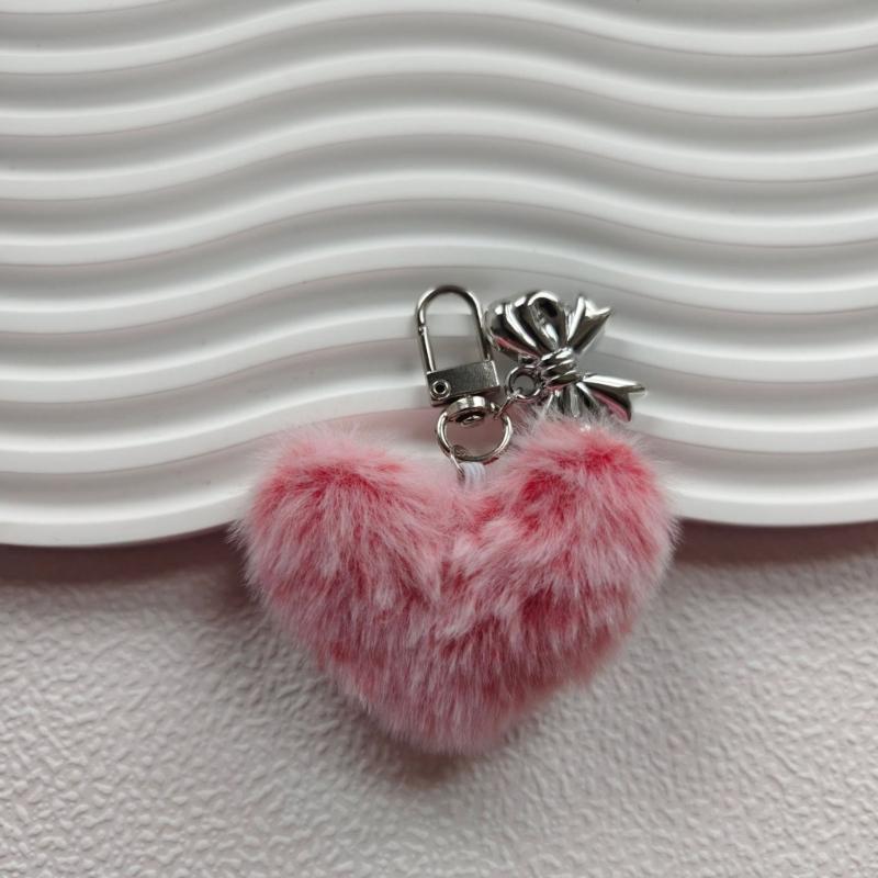 Sweet Plush Heart Bowknot Keychain Pendant Lovely Hanging Decorations Keyring Charm for Purse Bag Backpack Handbag