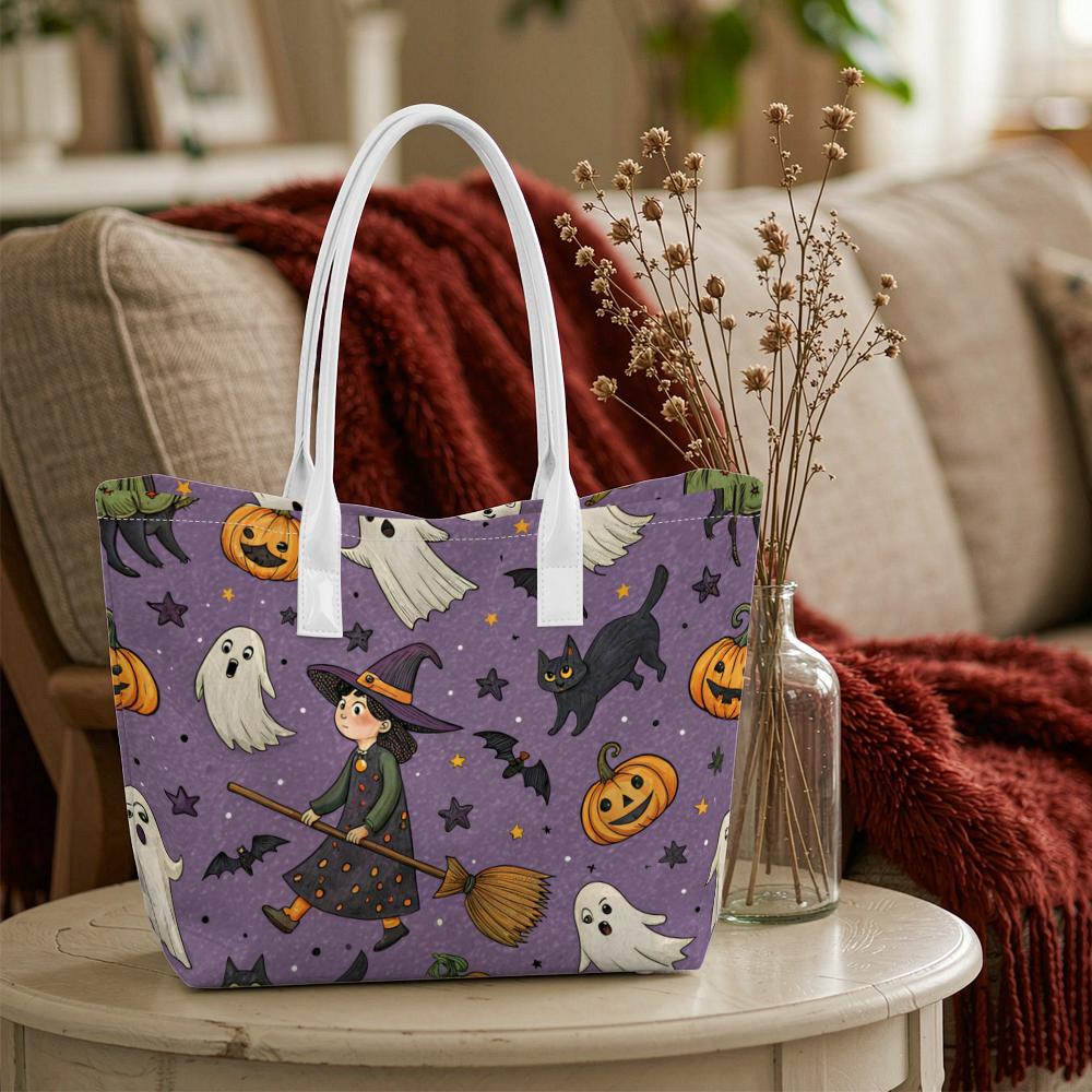 Halloween Witch Tote Bag Cute Ghost Pumpkin Print Large Capacity Casual Portable Shoulder Bag for Daily Use